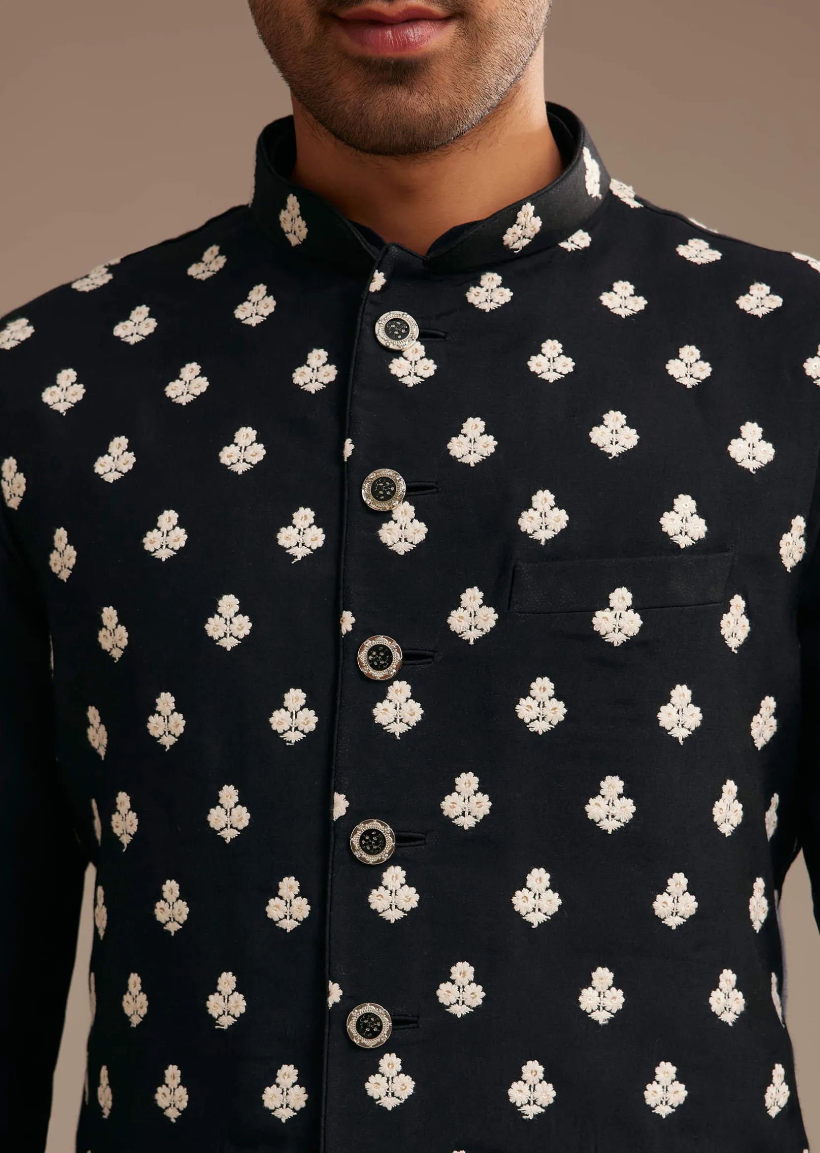 Black Silk Kurta Jacket Set With Embroidered Jacket