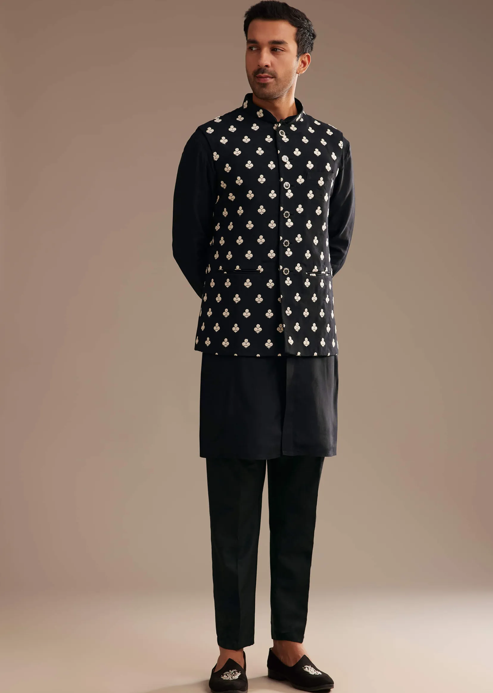 Black Silk Kurta Jacket Set With Embroidered Jacket