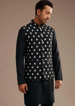 Black Silk Kurta Jacket Set With Embroidered Jacket