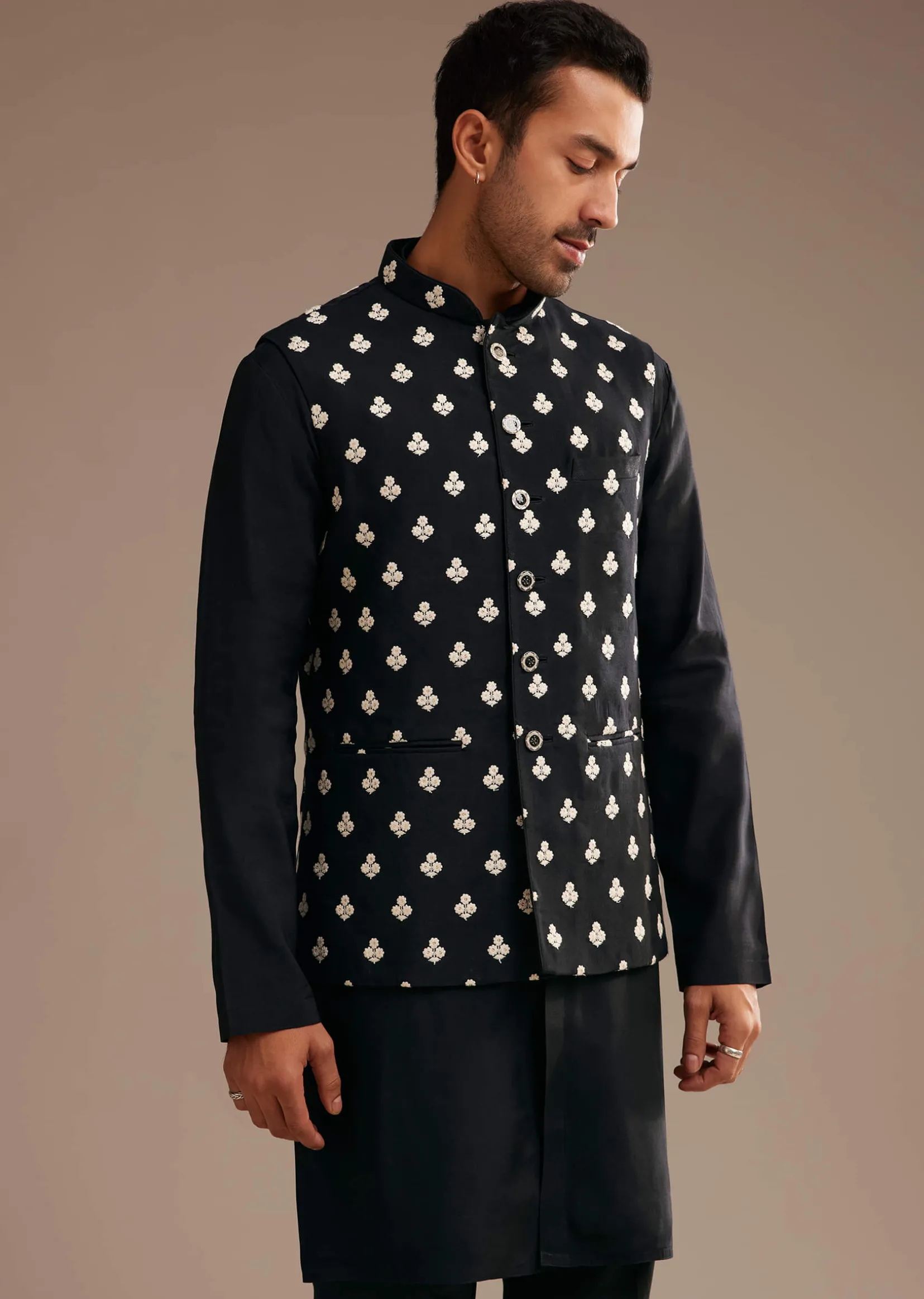 Black Silk Kurta Jacket Set With Embroidered Jacket