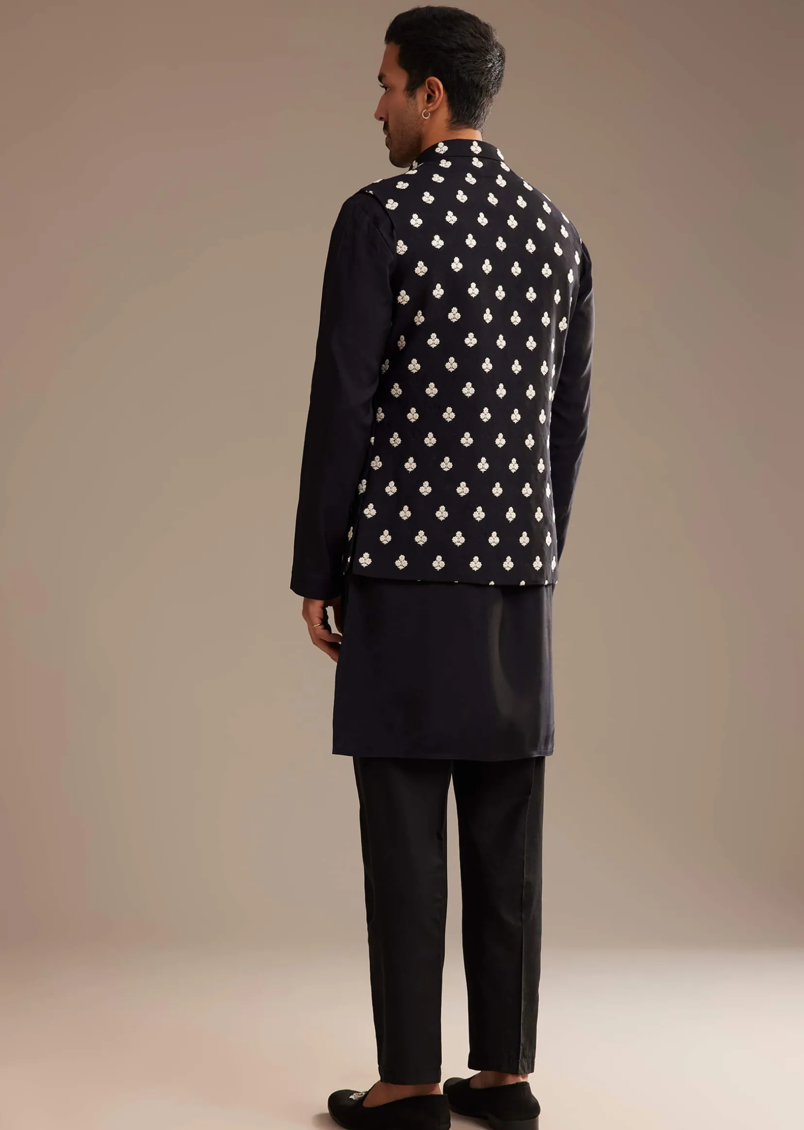 Black Silk Kurta Jacket Set With Embroidered Jacket