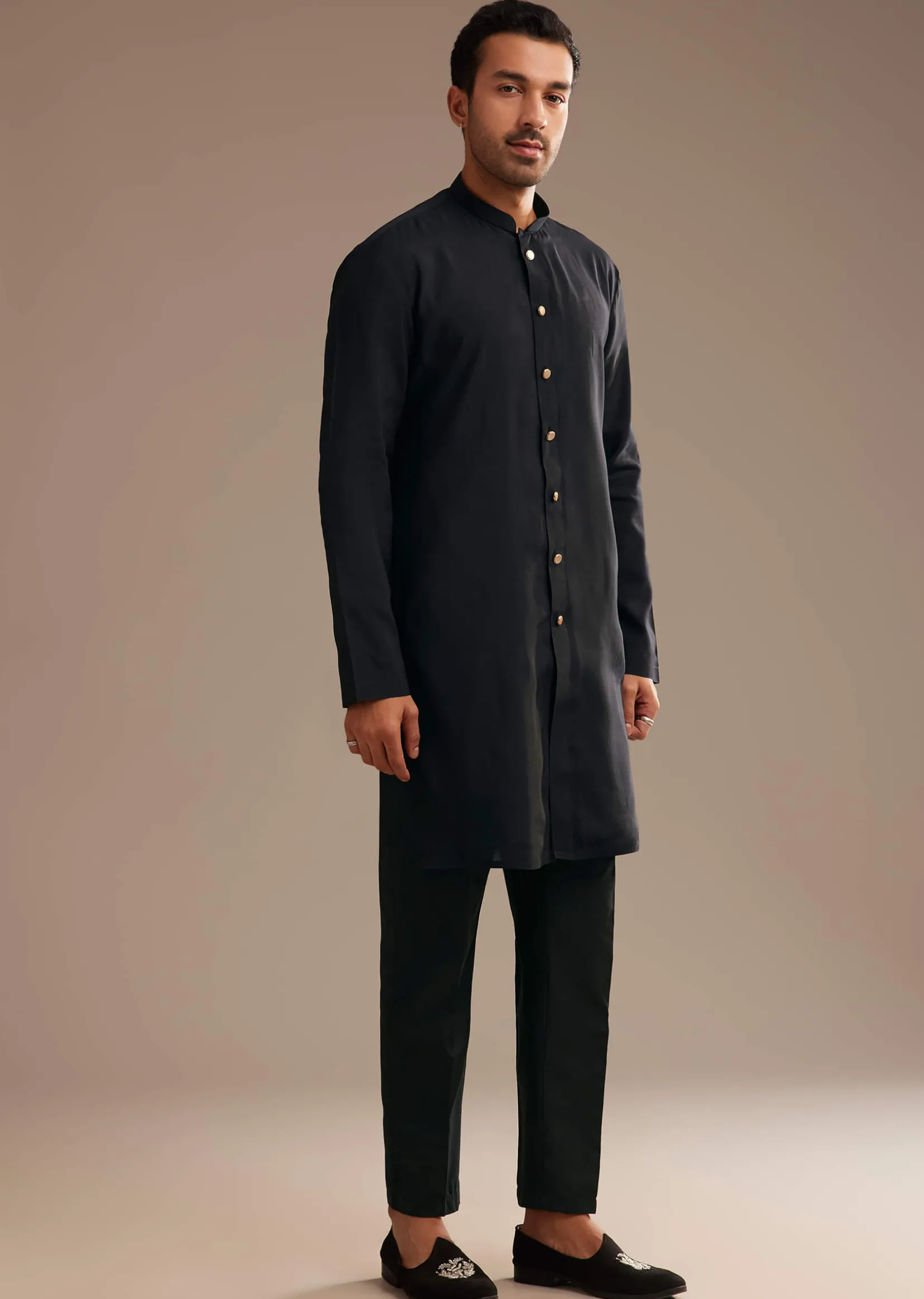 Black Silk Kurta Jacket Set With Embroidered Jacket