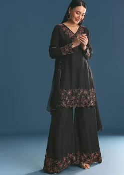 Black Silk Kurta Palazzo Set With Cut Dana Work