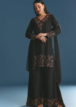 Black Silk Kurta Palazzo Set With Cut Dana Work