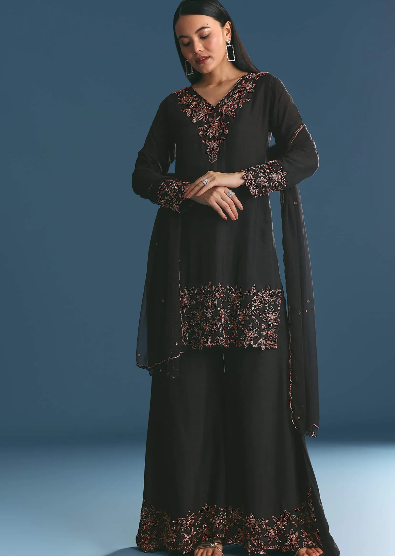 Black Silk Kurta Palazzo Set With Cut Dana Work