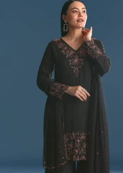 Black Silk Kurta Palazzo Set With Cut Dana Work
