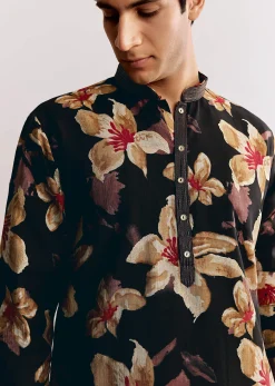Black Silk Kurta Set With Floral Print