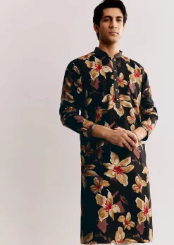 Black Silk Kurta Set With Floral Print