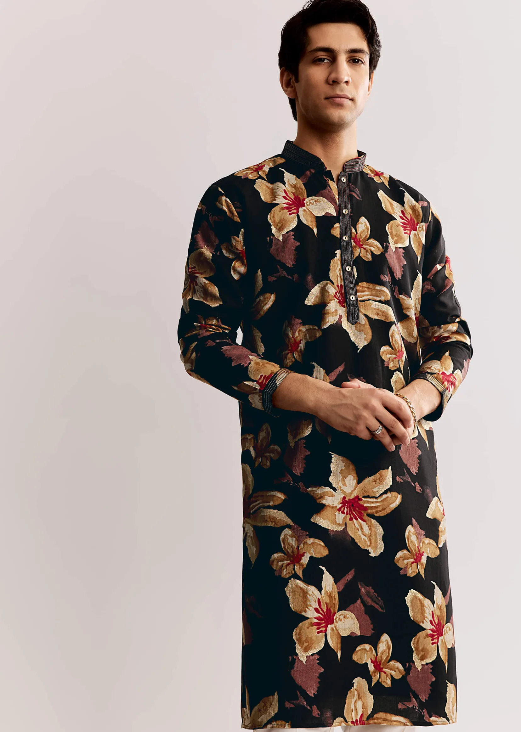 Black Silk Kurta Set With Floral Print