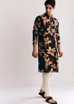 Black Silk Kurta Set With Floral Print
