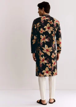 Black Silk Kurta Set With Floral Print