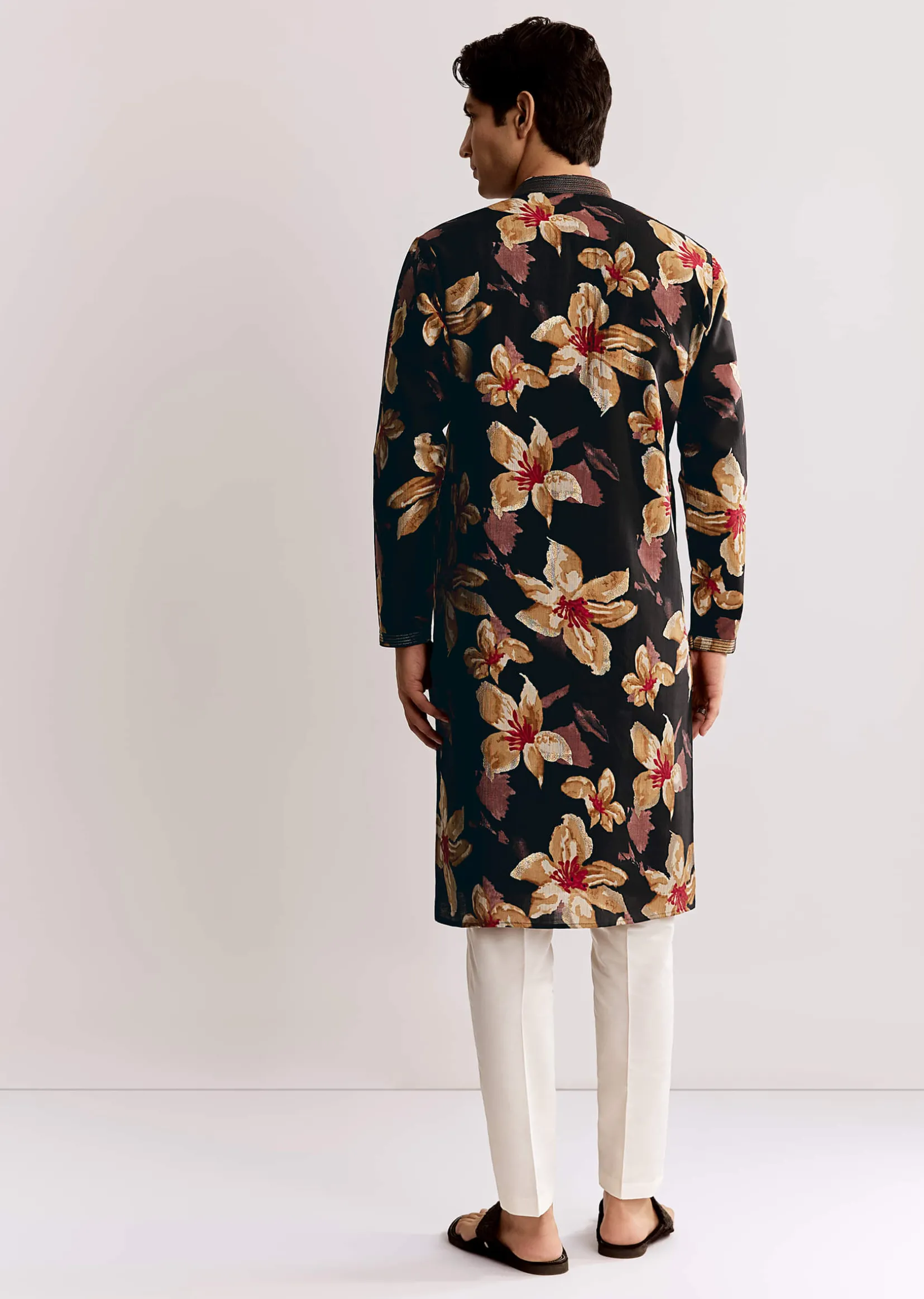 Black Silk Kurta Set With Floral Print