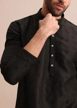 Black Silk Kurta Set With Resham Work For Men