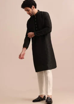 Black Silk Kurta Set With Resham Work For Men