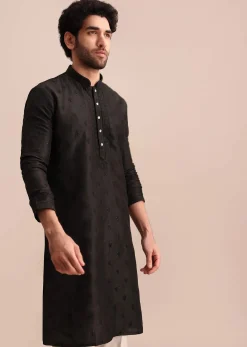Black Silk Kurta Set With Resham Work For Men