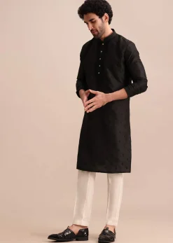 Black Silk Kurta Set With Resham Work For Men