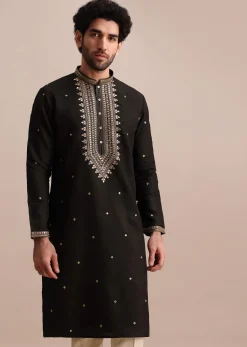 Black Silk Kurta Set With Abla Work For Men