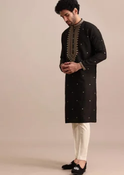 Black Silk Kurta Set With Abla Work For Men