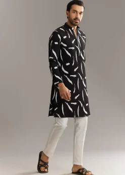 Black Silk Kurta Set With Abstract Prints