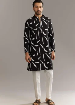 Black Silk Kurta Set With Abstract Prints