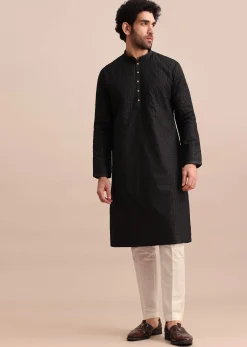 Black Silk Kurta Set With Threadwork For Men