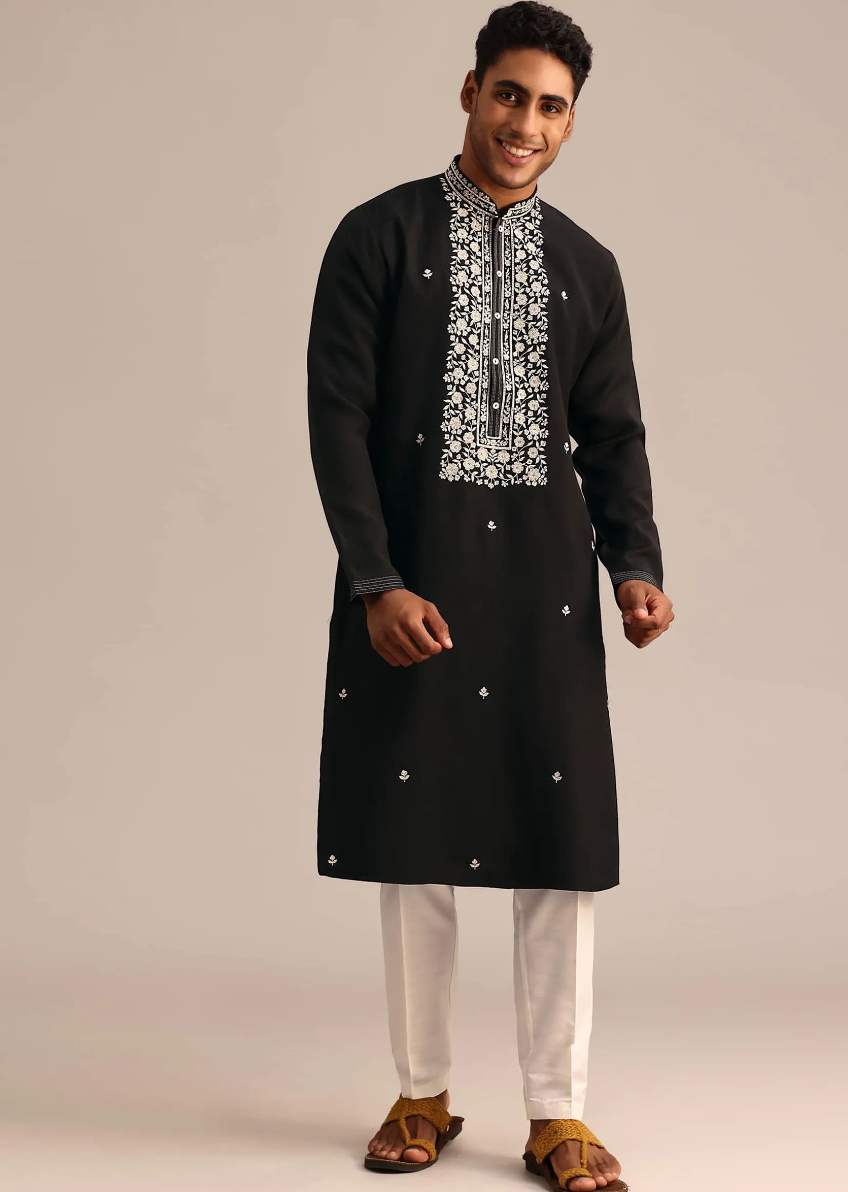 Black Silk Kurta Set With Hand Embroidered Yoke