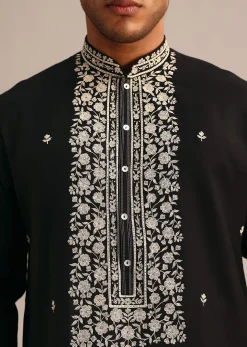 Black Silk Kurta Set With Hand Embroidered Yoke