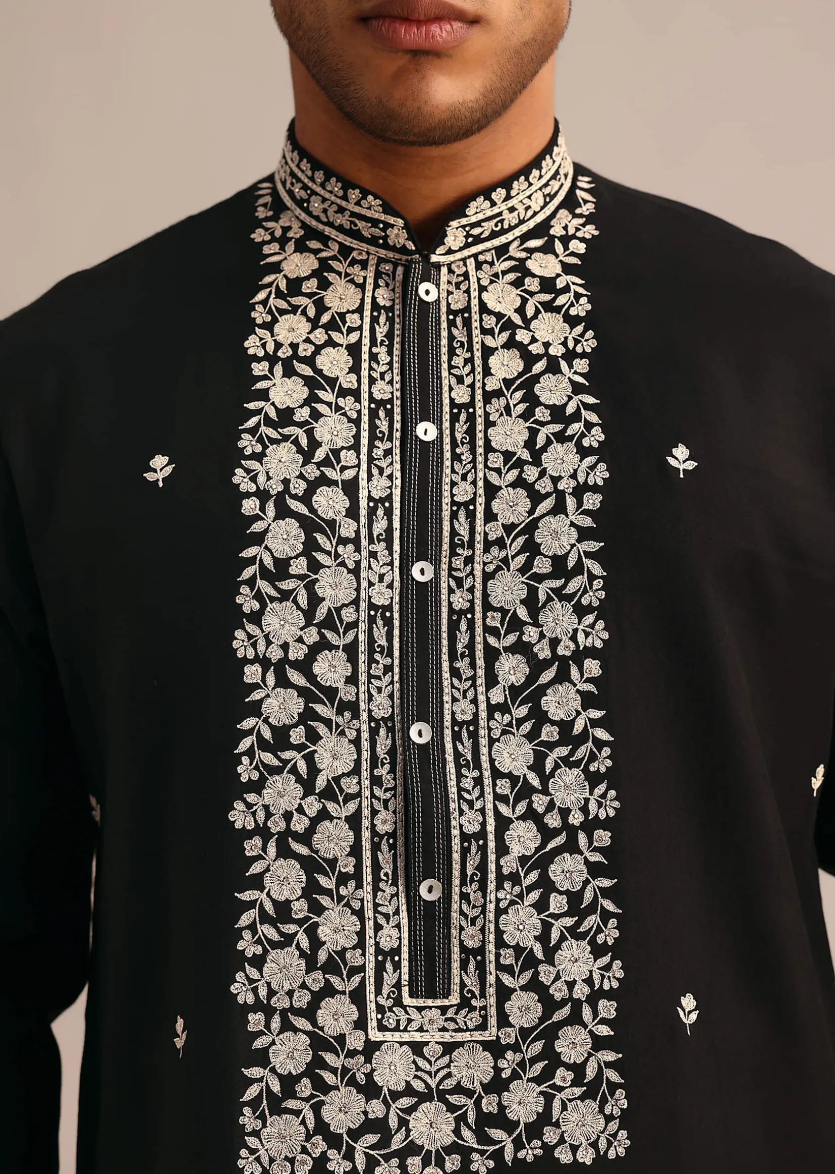 Black Silk Kurta Set With Hand Embroidered Yoke