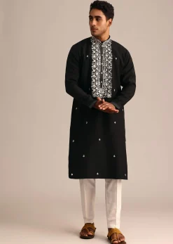 Black Silk Kurta Set With Hand Embroidered Yoke
