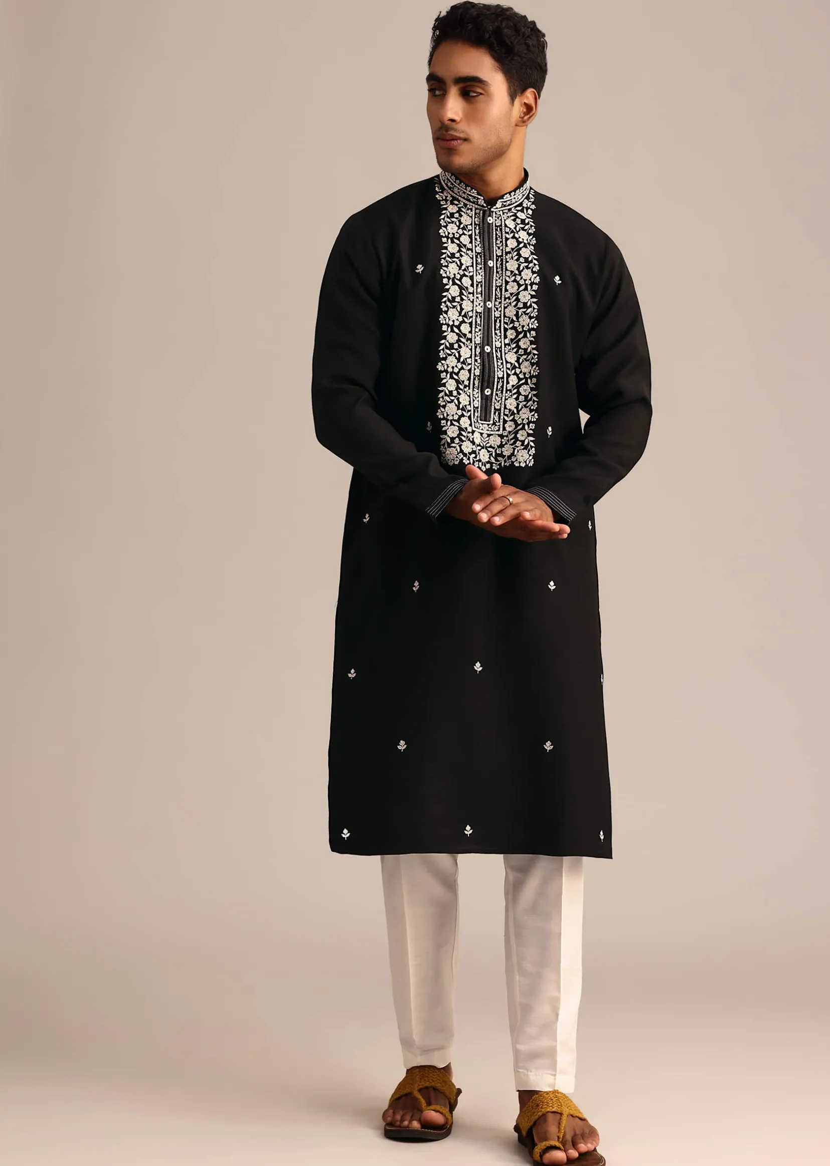 Black Silk Kurta Set With Hand Embroidered Yoke