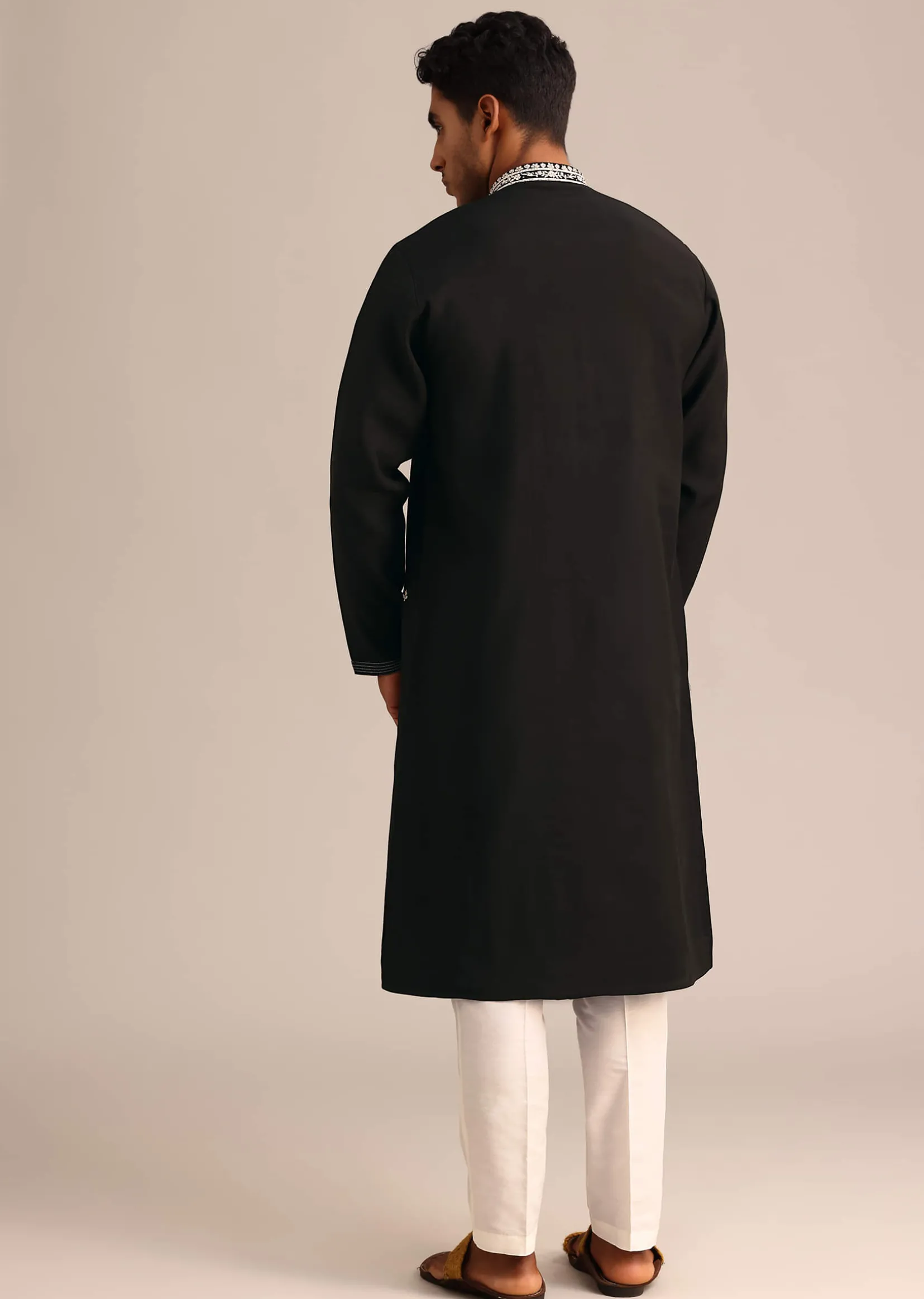Black Silk Kurta Set With Hand Embroidered Yoke
