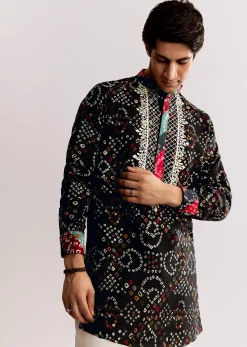 Black Silk Kurta Set With Bandhani Print