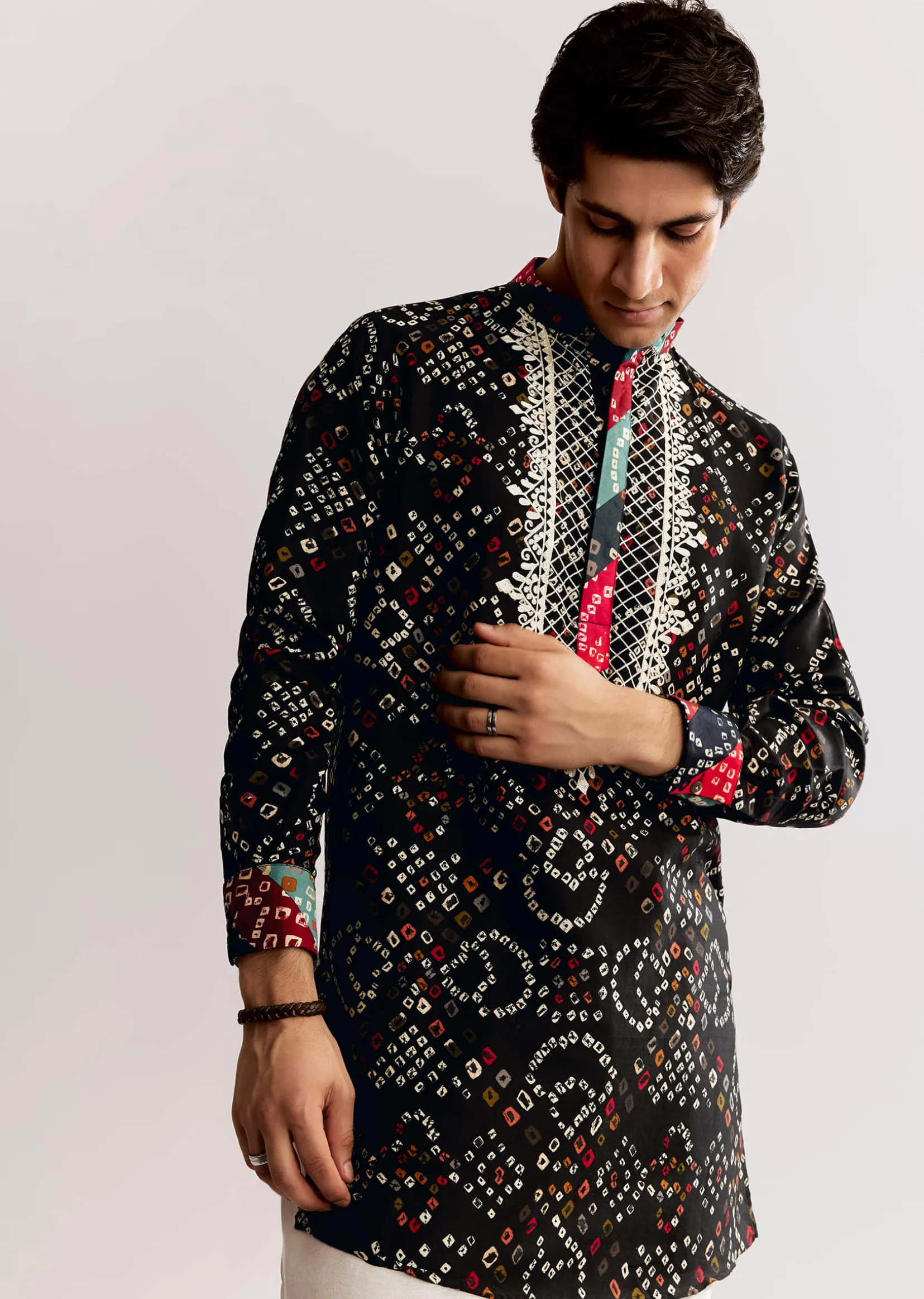 Black Silk Kurta Set With Bandhani Print