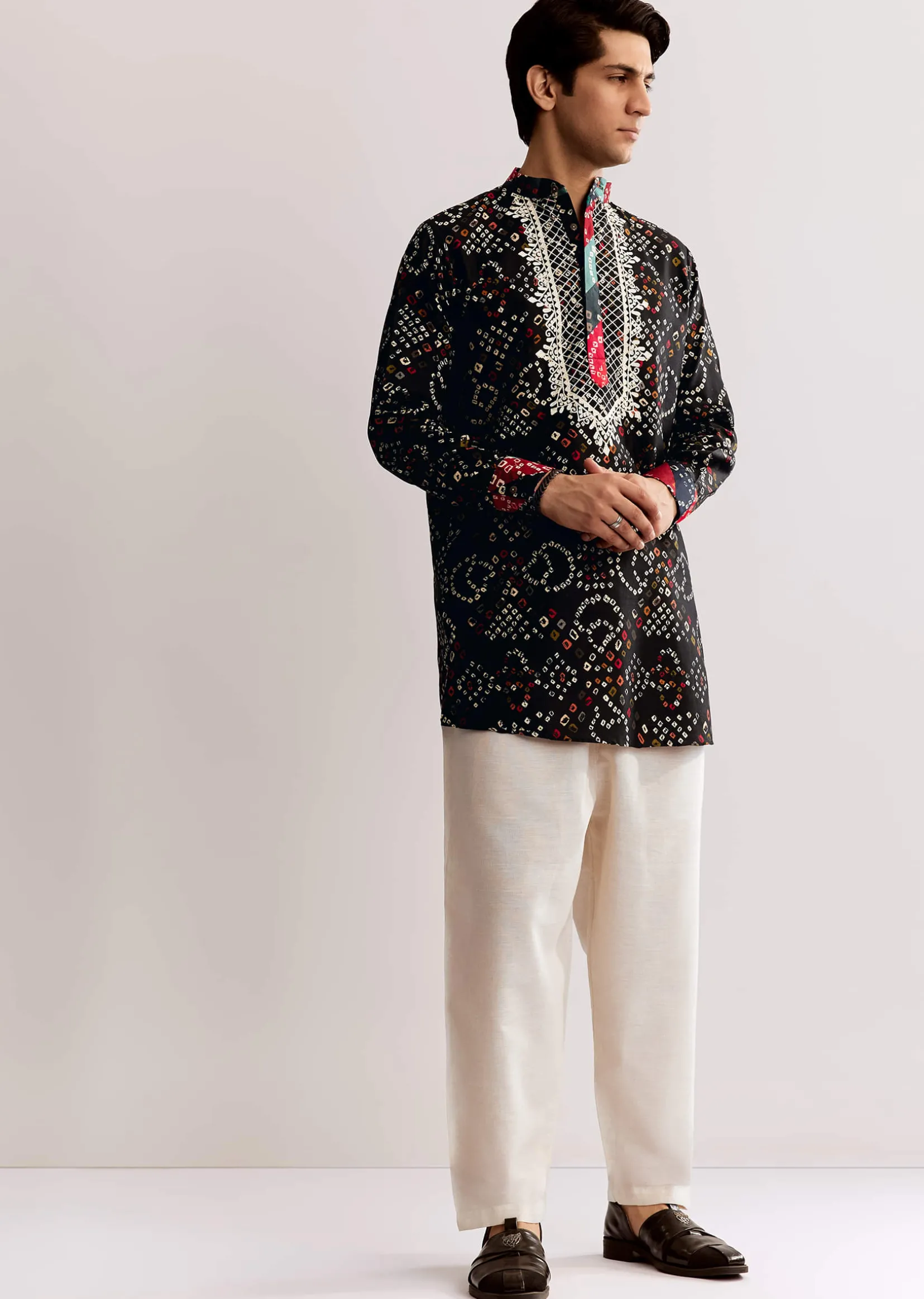 Black Silk Kurta Set With Bandhani Print