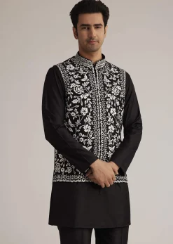 Black Silk Kurta Set With Embroidered Nehru Jacket