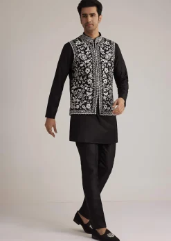 Black Silk Kurta Set With Embroidered Nehru Jacket