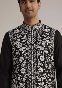 Black Silk Kurta Set With Embroidered Nehru Jacket
