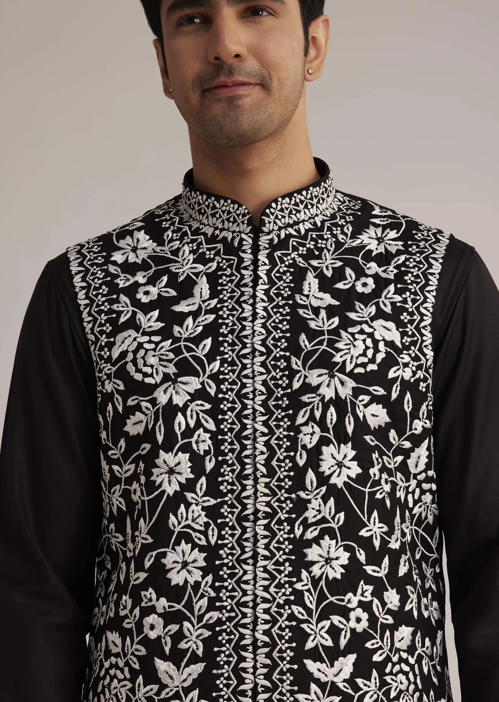 Black Silk Kurta Set With Embroidered Nehru Jacket