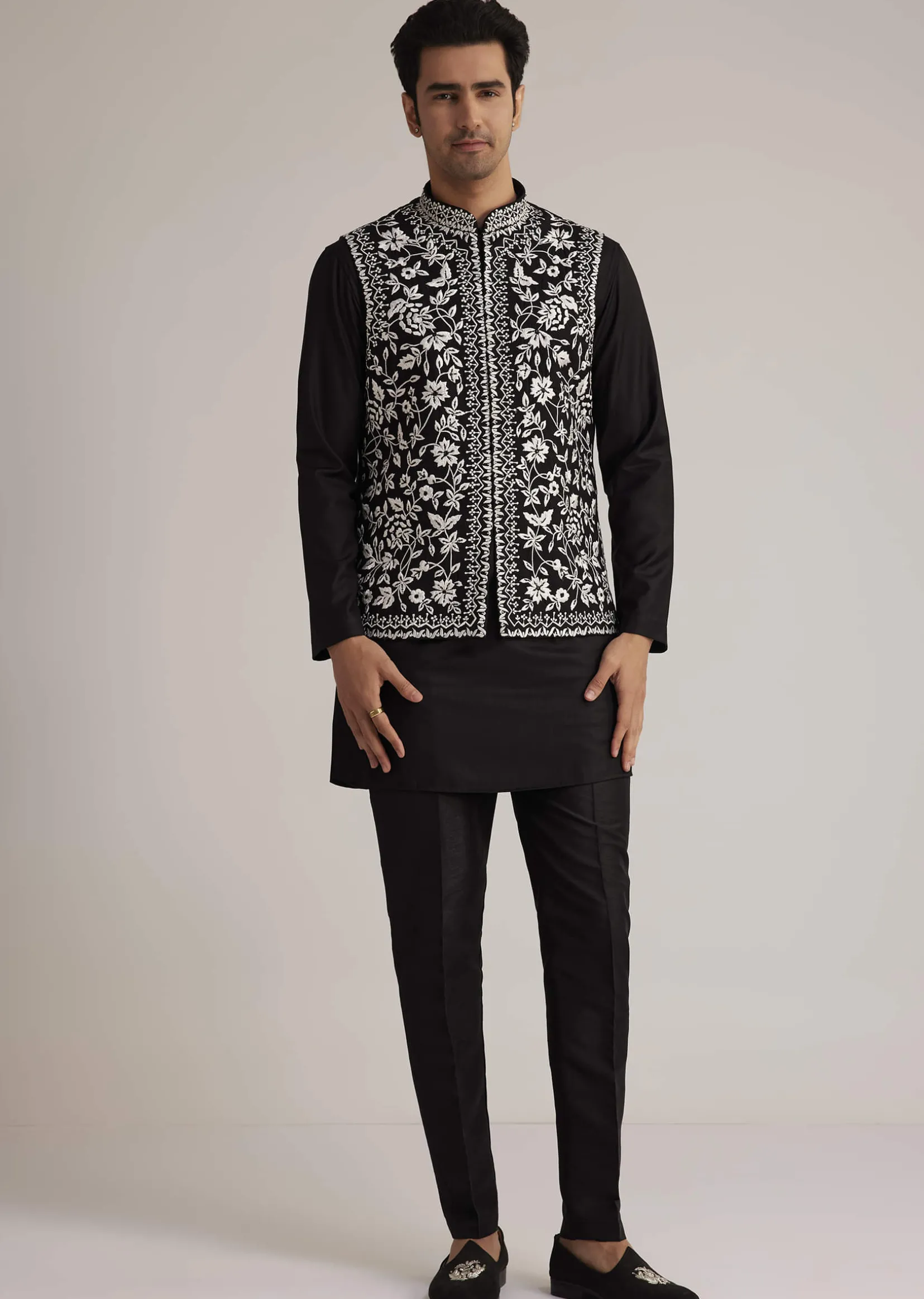 Black Silk Kurta Set With Embroidered Nehru Jacket