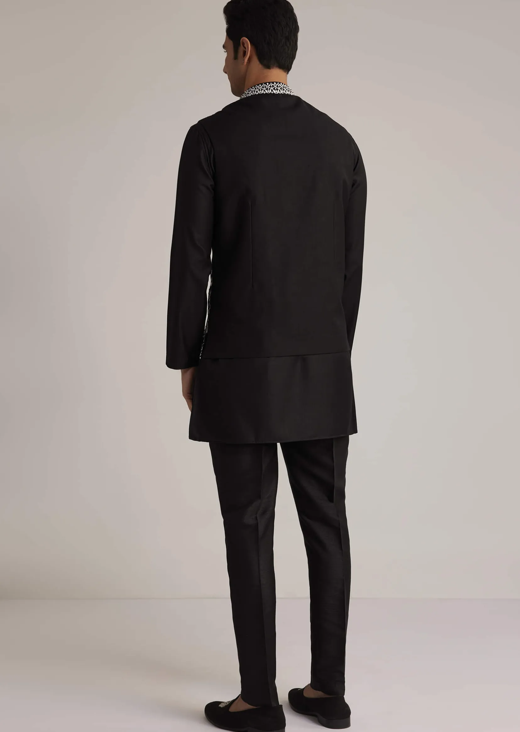 Black Silk Kurta Set With Embroidered Nehru Jacket