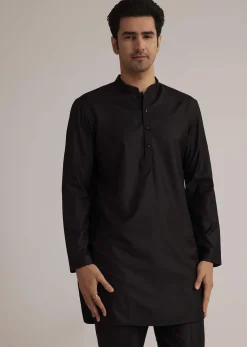 Black Silk Kurta Set With Embroidered Nehru Jacket