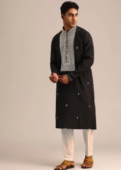 Black Silk Mandarin Collar Kurta Set With Embroidered Yoke
