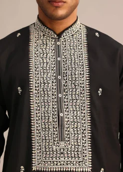 Black Silk Mandarin Collar Kurta Set With Embroidered Yoke