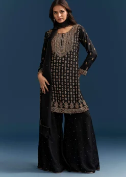 Black Silk Palazzo Suit With Embroidered Cut Dana Work And Dupatta