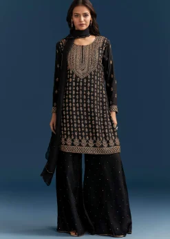 Black Silk Palazzo Suit With Embroidered Cut Dana Work And Dupatta