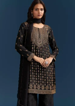 Black Silk Palazzo Suit With Embroidered Cut Dana Work And Dupatta