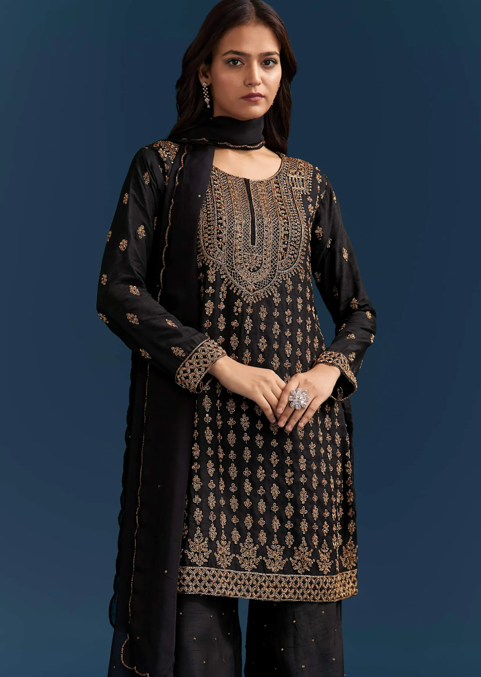 Black Silk Palazzo Suit With Embroidered Cut Dana Work And Dupatta