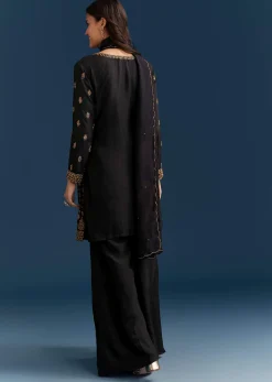 Black Silk Palazzo Suit With Embroidered Cut Dana Work And Dupatta