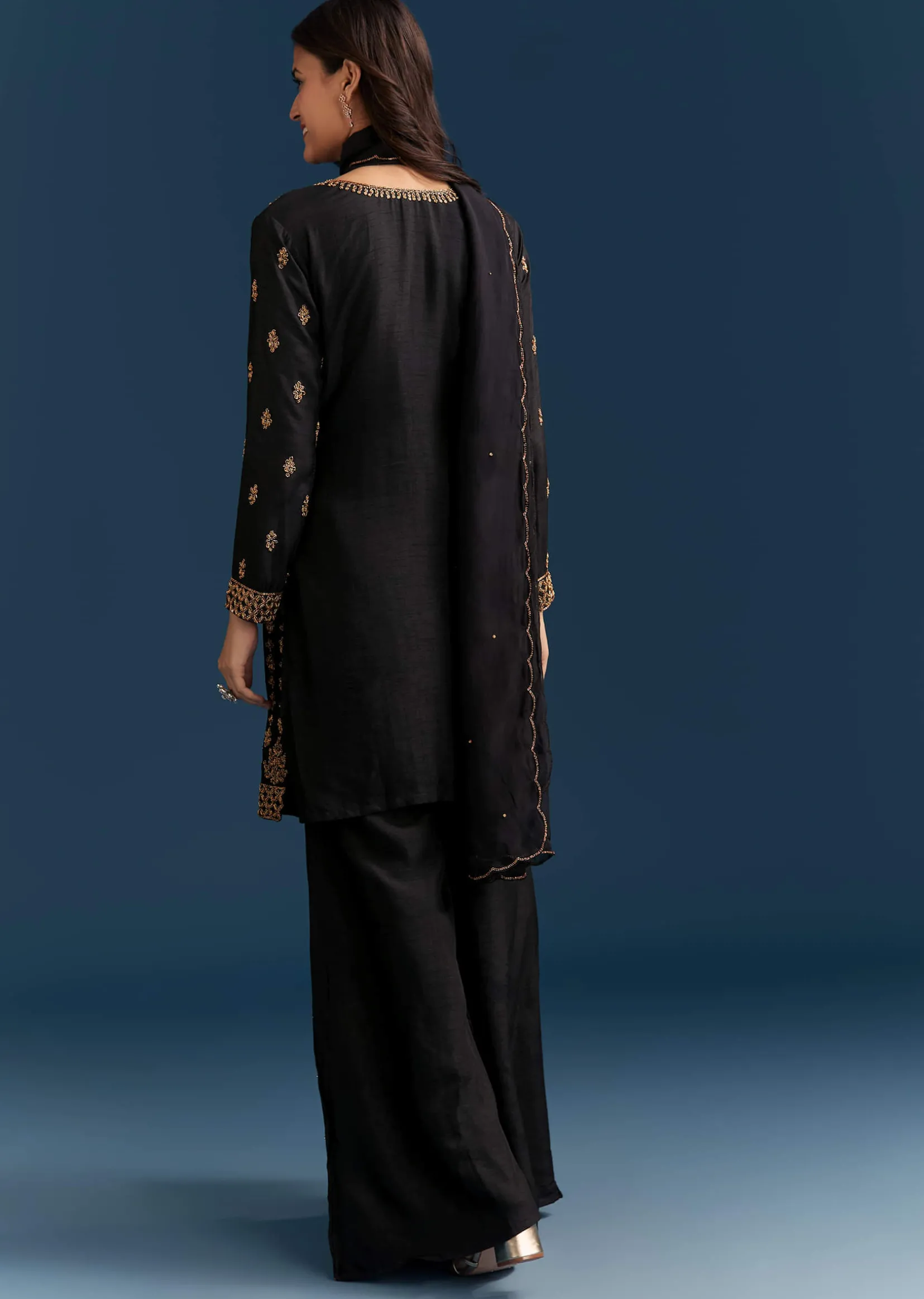 Black Silk Palazzo Suit With Embroidered Cut Dana Work And Dupatta