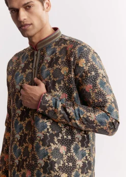 Black Silk Printed Kurta Set